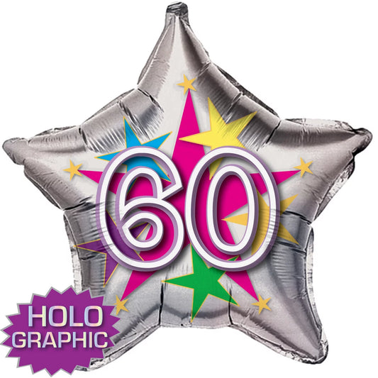 60th Birthday Holographic Silver Star Foil Balloon – 22″ Bobo Funn Co
