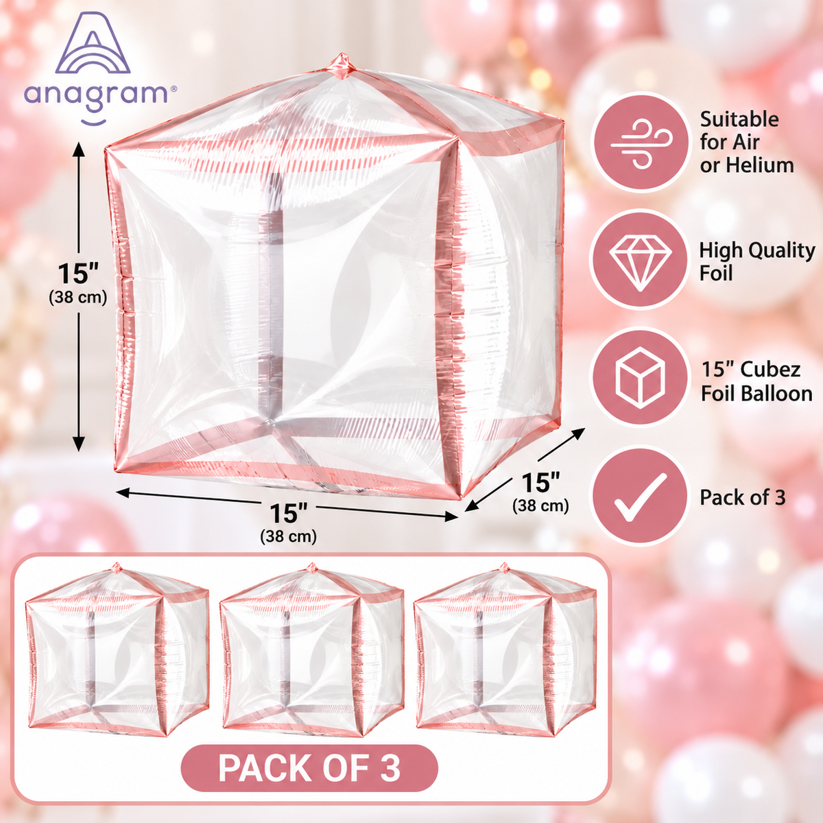 Anagram 15" Clear Rose Gold Trim Cubez Foil Balloons – Pack of 3