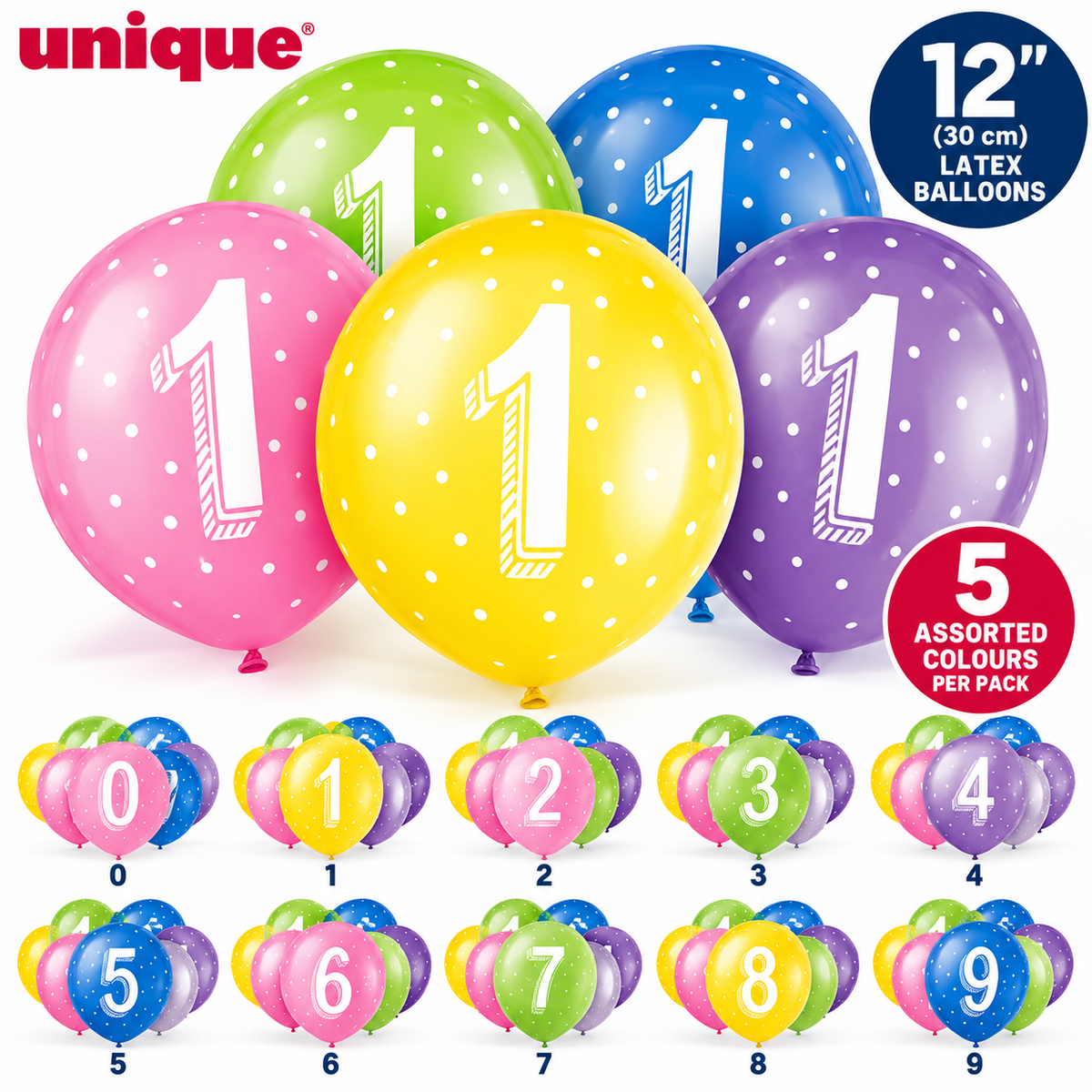 Unique 12" Number Latex Balloons – 5 Assorted Colours – Numbers 0–9