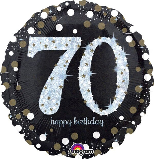 70th Happy Birthday Sparkling Black & Silver Holographic 18-inch Foil Balloon