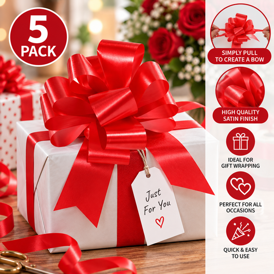Red Pull Bows Pack of 5 – Gift Wrapping Ribbon Bows for Christmas, Birthdays & Presents