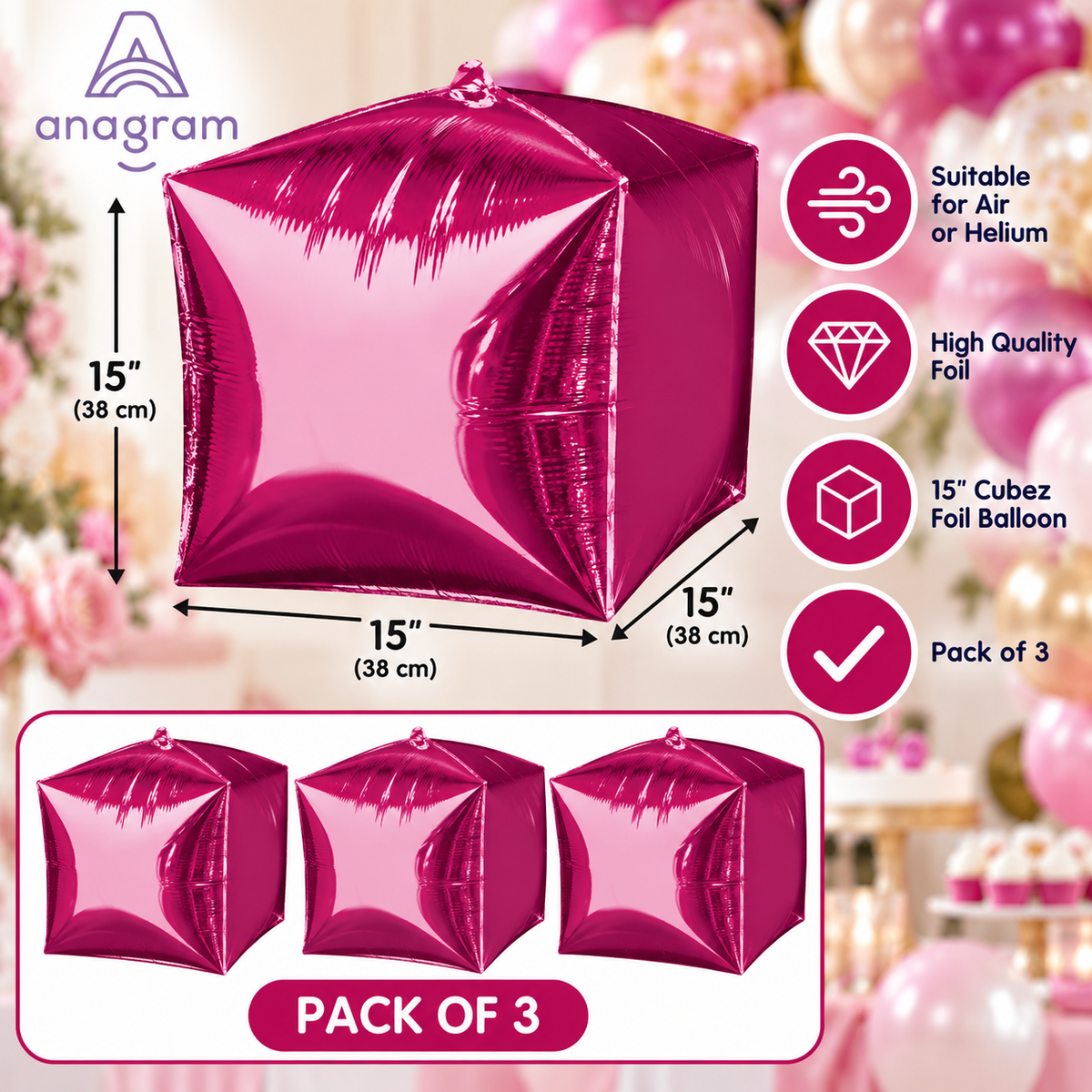 Anagram 15" Bright Pink Cubez Foil Balloons – Pack of 3