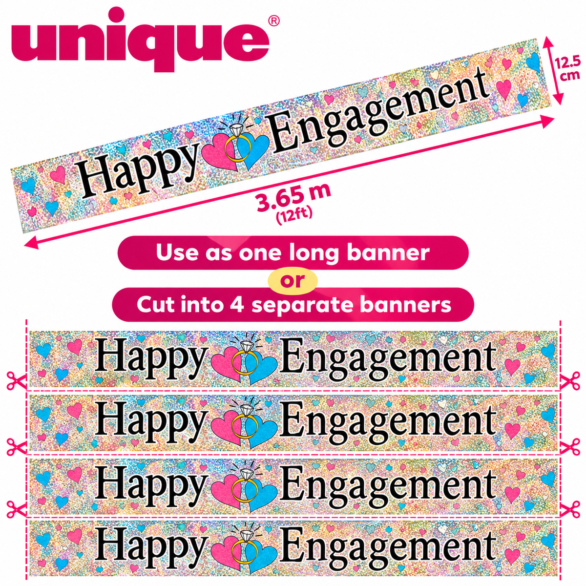 Happy Engagement Holographic Banner – 3.65m / 12ft – Cut into 4 Banners