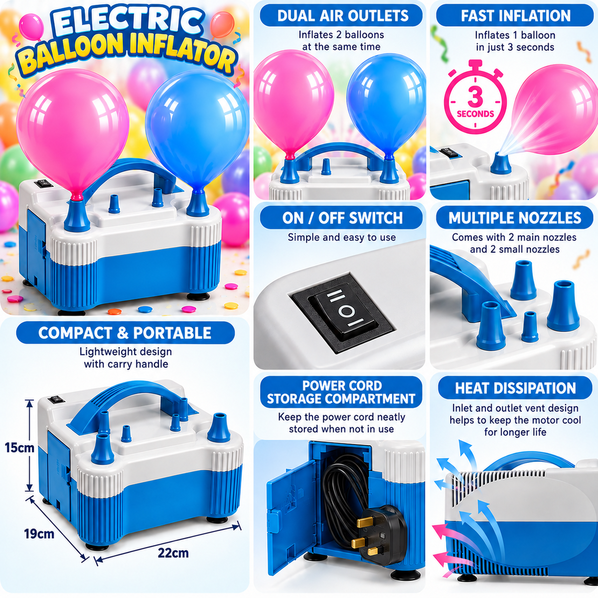 Electric Balloon Inflator Pump – Dual Nozzle Automatic & Manual Air Pump