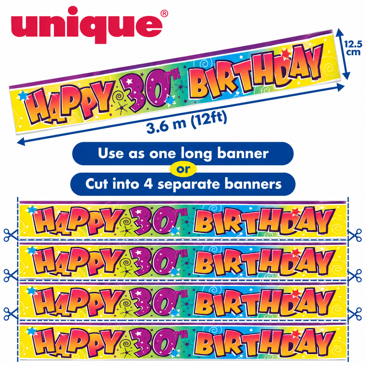 Happy 30th Birthday Banner – 3.6m / 12ft – Cut into 4 Banners