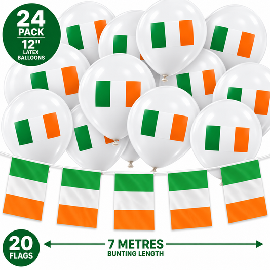 Ireland Party Set – 7m Bunting (20 Flags) & 24 x 12" Balloons