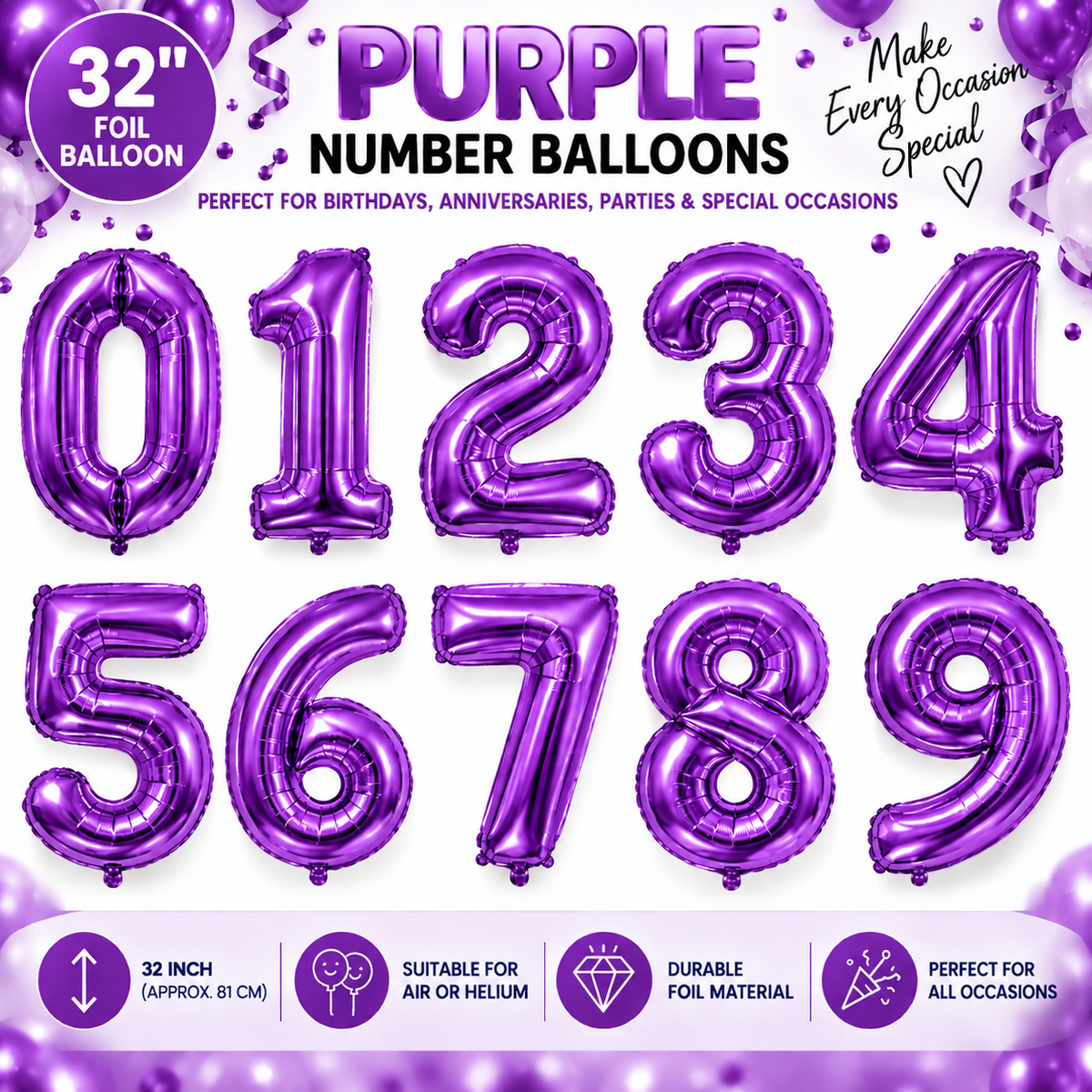 32" Foil Number Balloons 0-9 – Giant Birthday Number Balloon – Gold, Silver, Blue, Pink, Red, Purple, Rose Gold & Rainbow – Air or Helium