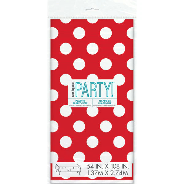 Rectangle Plastic Table Cover 54" x 108" | Red Polka Dot