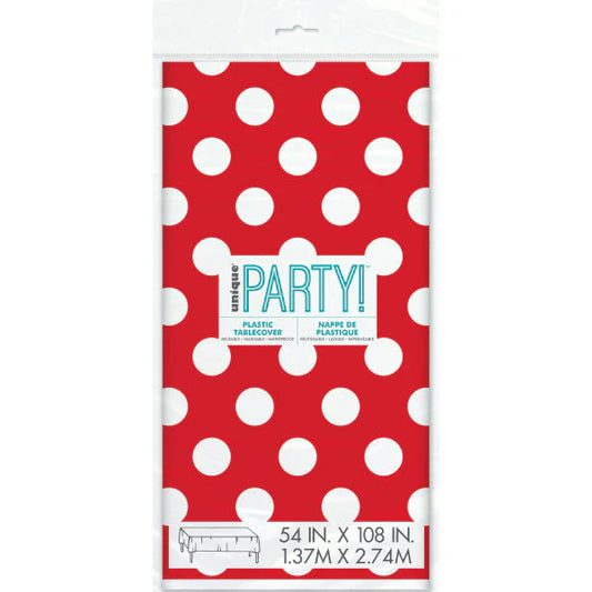 Rectangle Plastic Table Cover 54" x 108" | Red Polka Dot