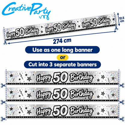 Happy 50th Birthday Banner 274cm x 12.5cm – Silver/Black Holographic Party Decoration