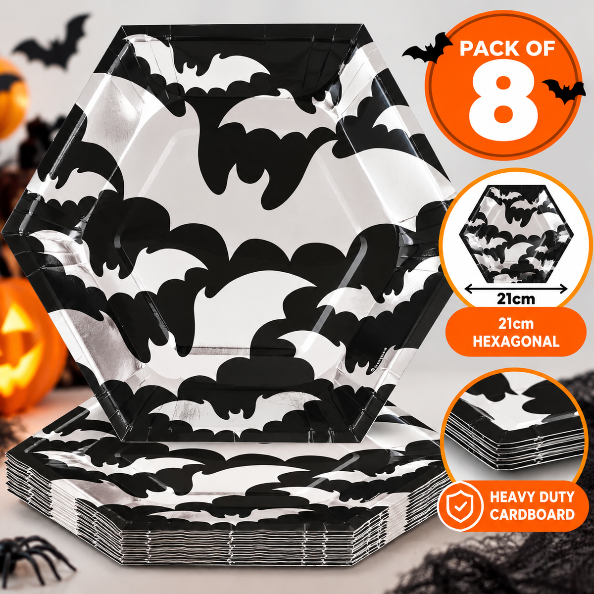 Halloween Bat Hexagonal Paper Plates 21cm – Pack of 8 Heavy Duty