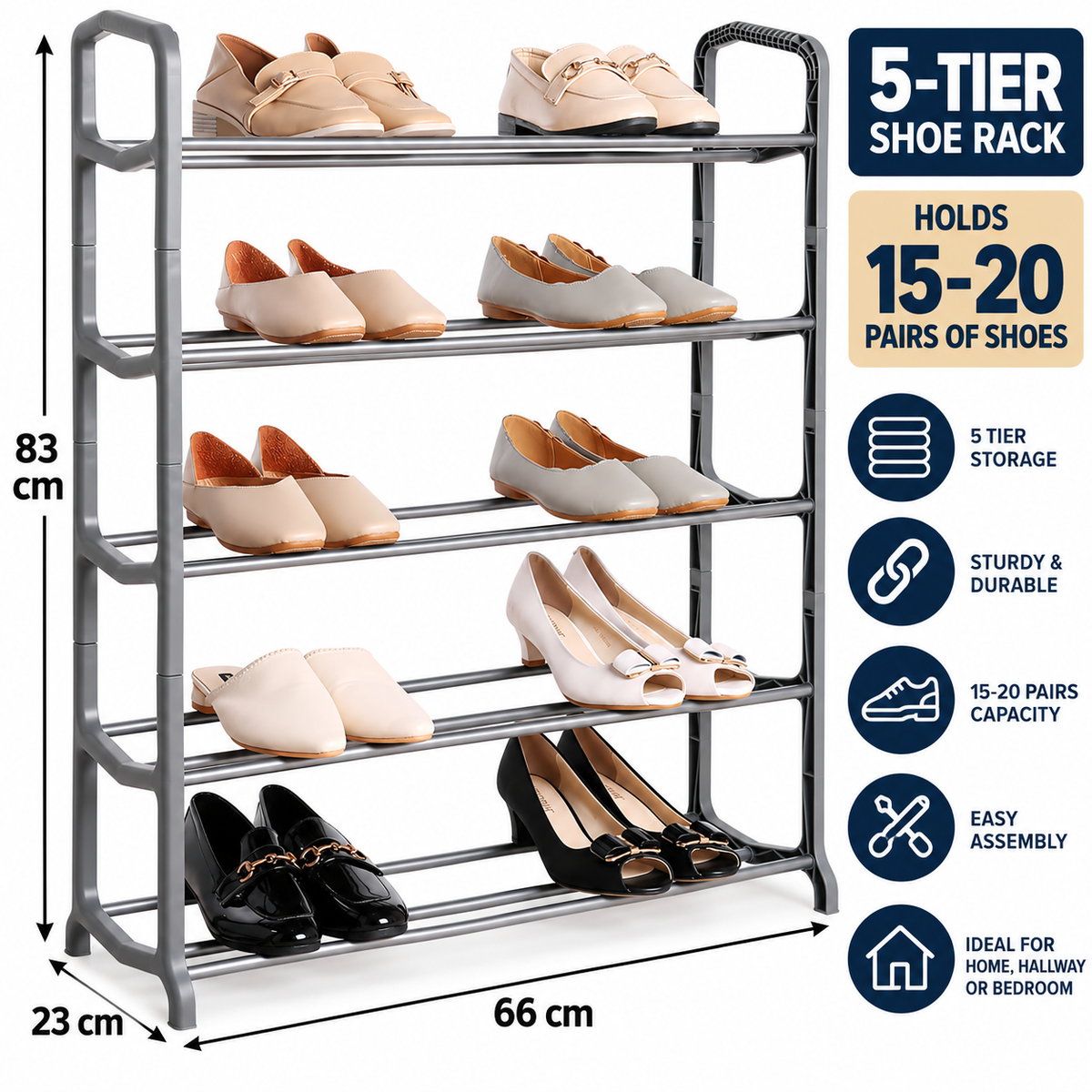 5 Tier Shoe Rack – Holds 15–20 Pairs – Compact Shoe Storage Organiser 66 x 23 x 83cm