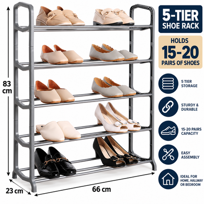 5 Tier Shoe Rack – Holds 15–20 Pairs – Compact Shoe Storage Organiser 66 x 23 x 83cm
