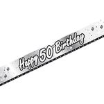 Happy 50th Birthday Banner 274cm x 12.5cm – Silver/Black Holographic Party Decoration