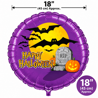 18" Happy Halloween Foil Balloon Purple Bats Pumpkin & Tombstone Party Decoration