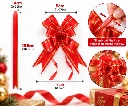 Red & Gold Stripe Pull Bows for Gift Wrapping – Easy Pull Ribbon Bows – Christmas, Hampers & Presents – Pack of 5 or 10