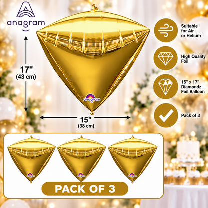 Anagram 15" x 17" Gold Diamondz Foil Balloons – Pack of 3