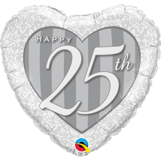 Happy 25th Damask 18-inch Heart Anniversary Balloon
