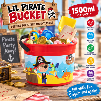 Lil Pirate Bucket 1500ml – Kids Pirate Party Bucket with Handle – Reusable Plastic Treat, Gift & Beach Bucket – Party Bag Alternative – Packs of 1, 3, 6 or 12