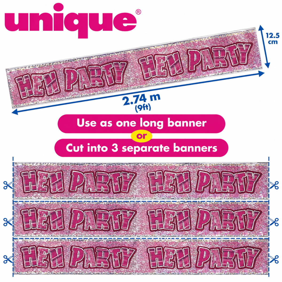 Pink Holographic Hen Party Banner – 2.74m / 9ft – Cut into 3 Banners