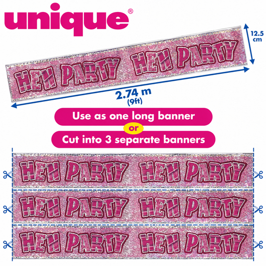 Pink Holographic Hen Party Banner – 2.74m / 9ft – Cut into 3 Banners