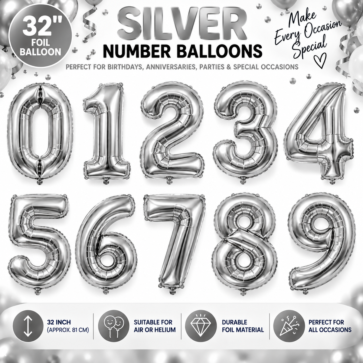 32" Foil Number Balloons 0-9 – Giant Birthday Number Balloon – Gold, Silver, Blue, Pink, Red, Purple, Rose Gold & Rainbow – Air or Helium