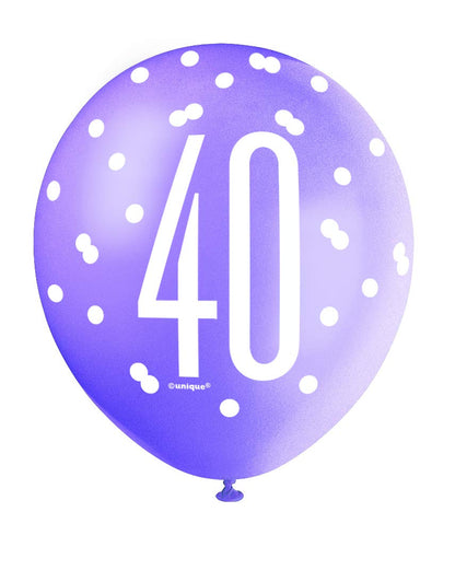 Unique 40th Birthday Balloons 12" – Pack of 6 Pink, Purple & White Latex Balloons