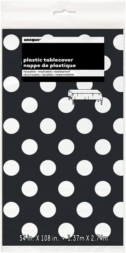 Rectangle Plastic Table Cover 54" x 108" | Black Polka Dot