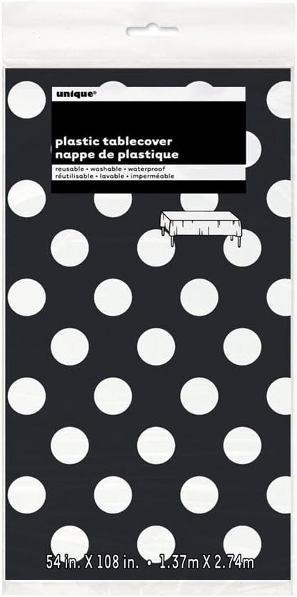 Rectangle Plastic Table Cover 54" x 108" | Black Polka Dot