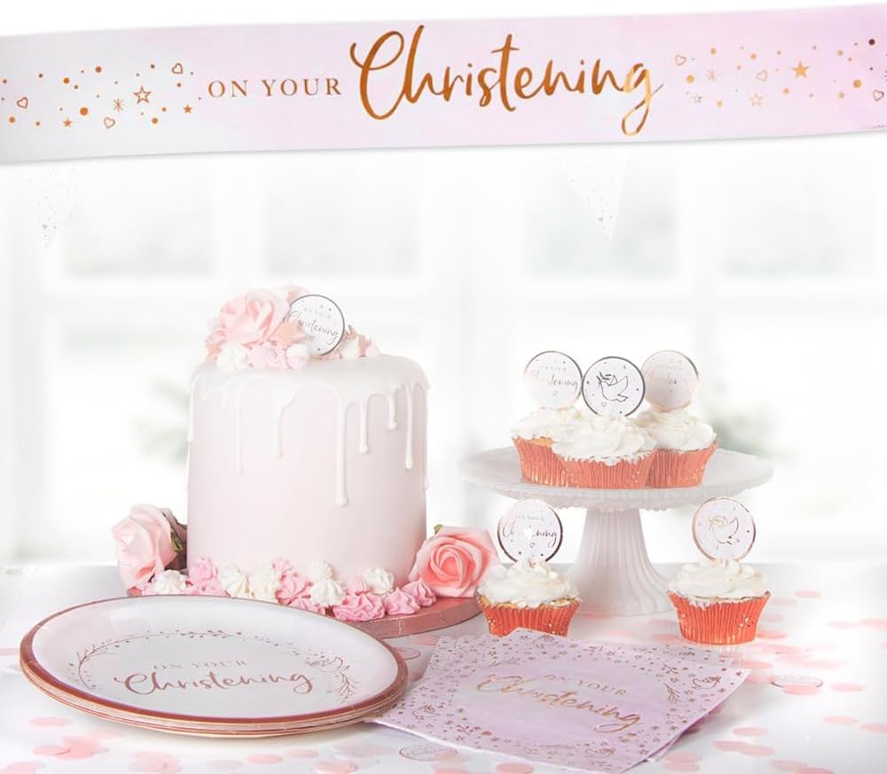 On Your Christening Banner – Pink & Rose Gold Christening Party Decoration