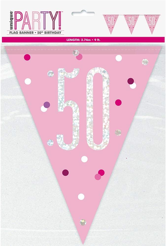50th Plastic Pennant Banner - 2.7m | Pink and Silver | 1 Pc.