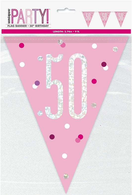 50th Plastic Pennant Banner - 2.7m | Pink and Silver | 1 Pc.