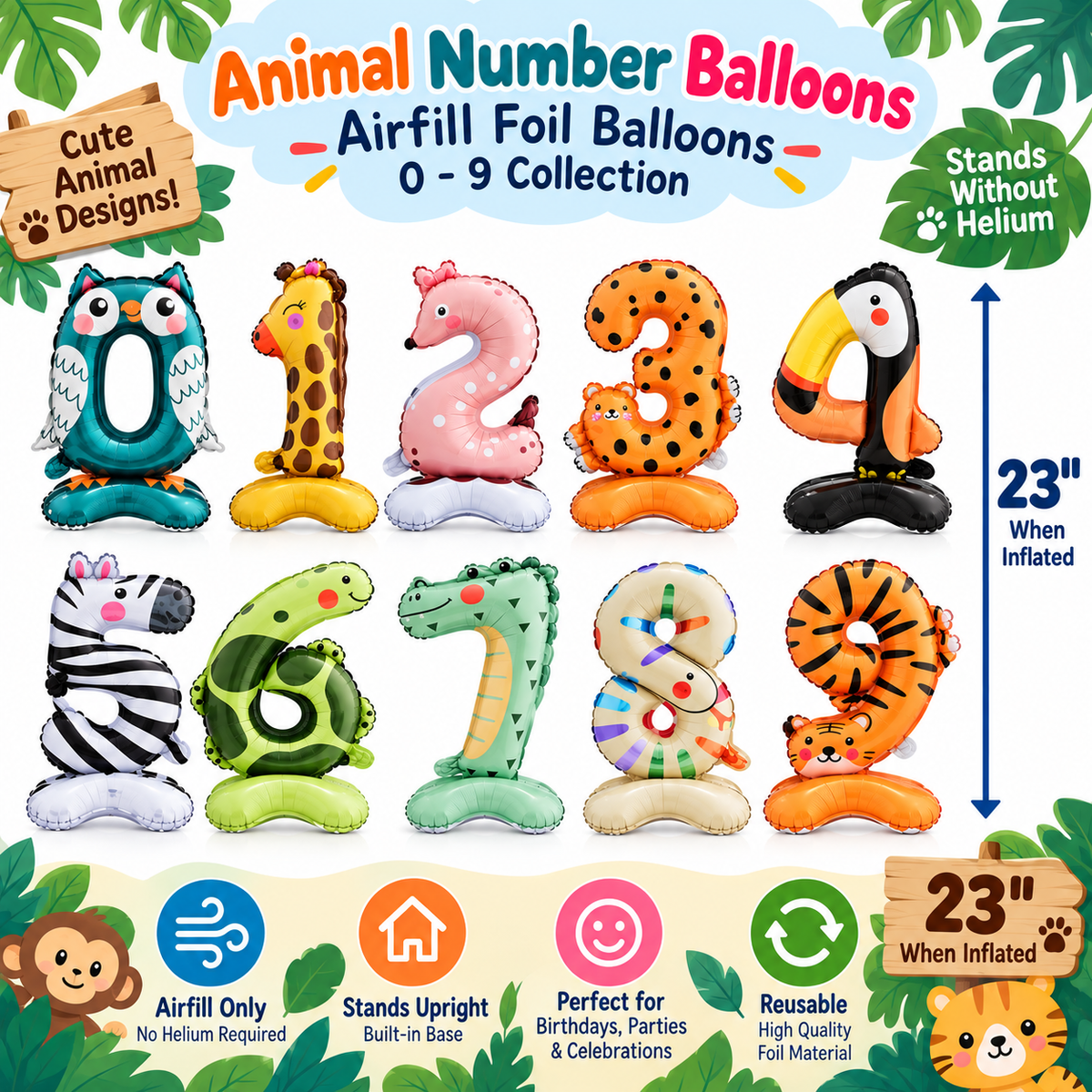 Animal Number Foil Balloon 0-9 – 23" Standing Airfill Birthday Balloon – No Helium Required