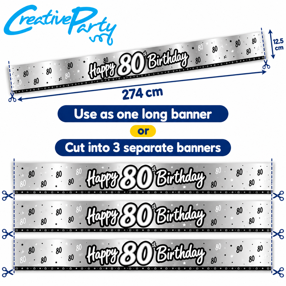 Happy 80th Birthday Banner 274cm x 12.5cm – Silver/Black Holographic Party Decoration