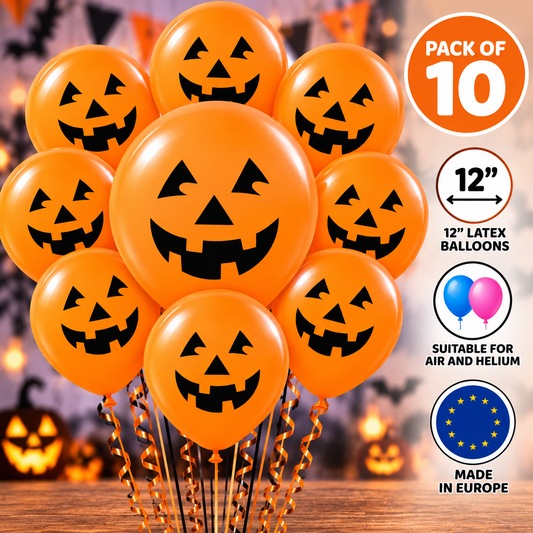 12" Halloween Pumpkin Latex Balloons – Pack of 10 – Air or Helium