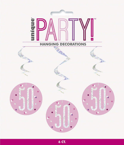 "50" Hanging Swirl Decorations - 32" | Pink And Silver | 6 Pcs.