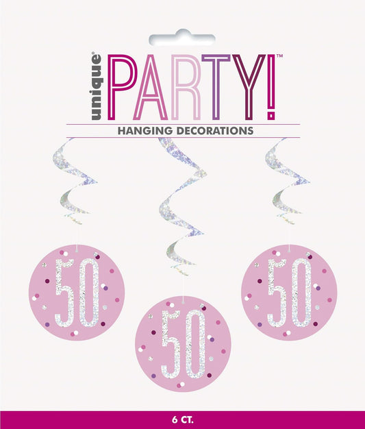 "50" Hanging Swirl Decorations - 32" | Pink And Silver | 6 Pcs.