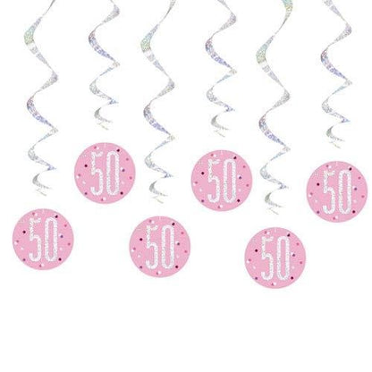 "50" Hanging Swirl Decorations - 32" | Pink And Silver | 6 Pcs.