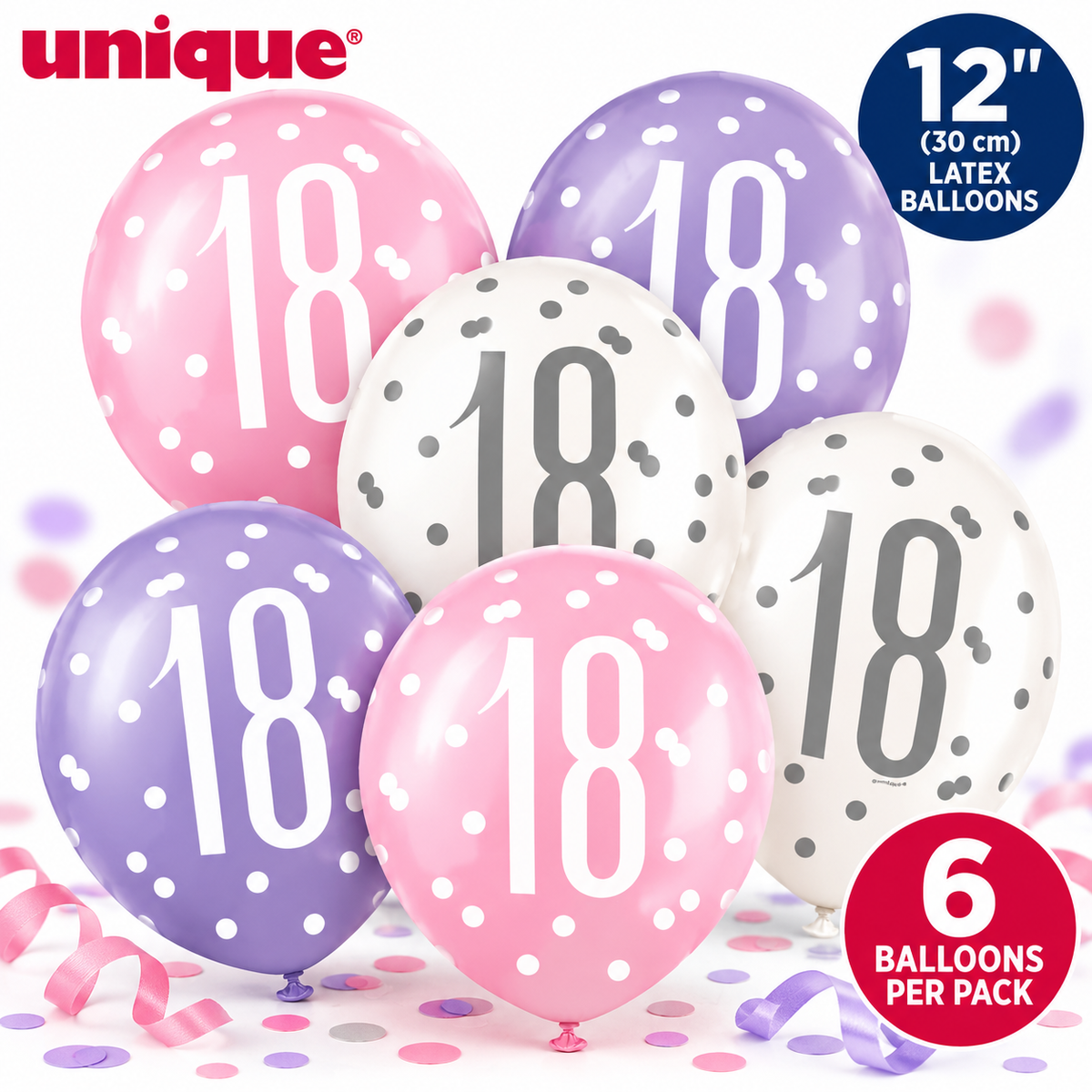 Unique 18th Birthday Latex Balloons 12" – Pack of 6 Pink, Purple & White Party Balloons