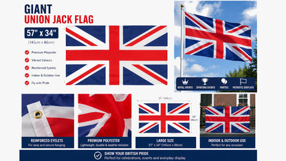 Giant Union Jack Flag 57" x 34" Polyester British UK National Flag with Eyelets