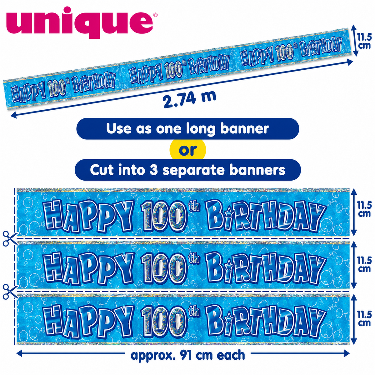 Happy 100th Birthday Banner Blue 2.74m – Cut into 3 Party Banners