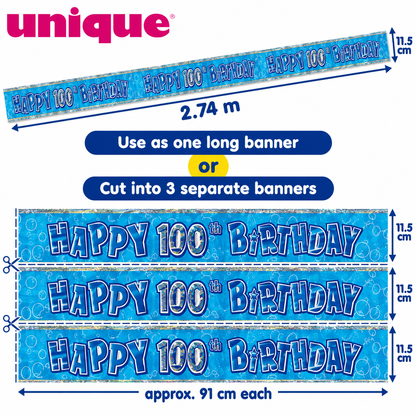 Happy 100th Birthday Banner Blue 2.74m – Cut into 3 Party Banners