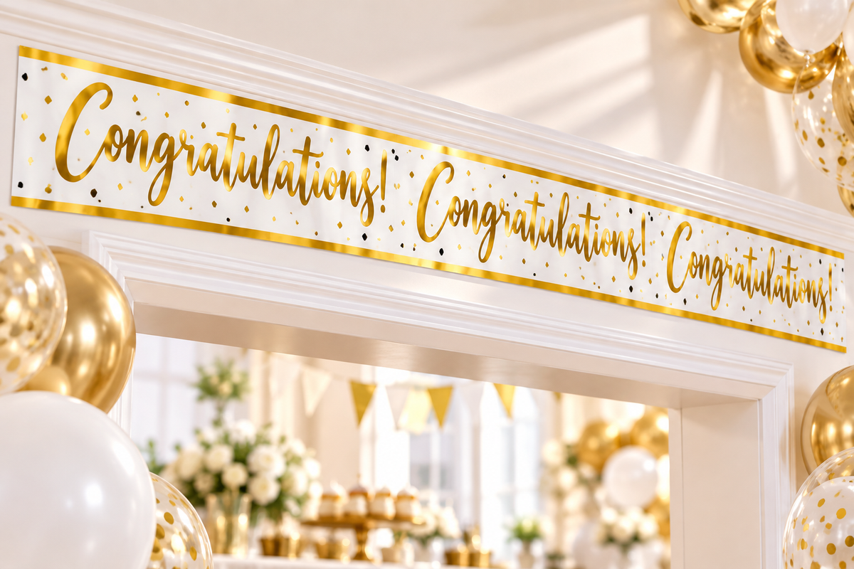 Congratulations Banner – 2.7m Gold & White, Cut into 3 Banners