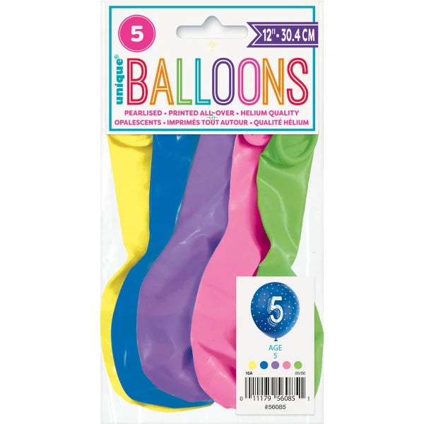 Unique 12" Number Latex Balloons – 5 Assorted Colours – Numbers 0–9