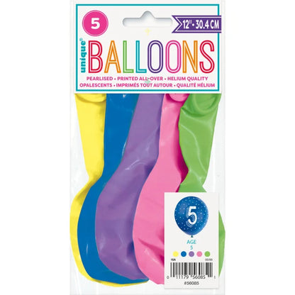 Unique 12" Number Latex Balloons – 5 Assorted Colours – Numbers 0–9