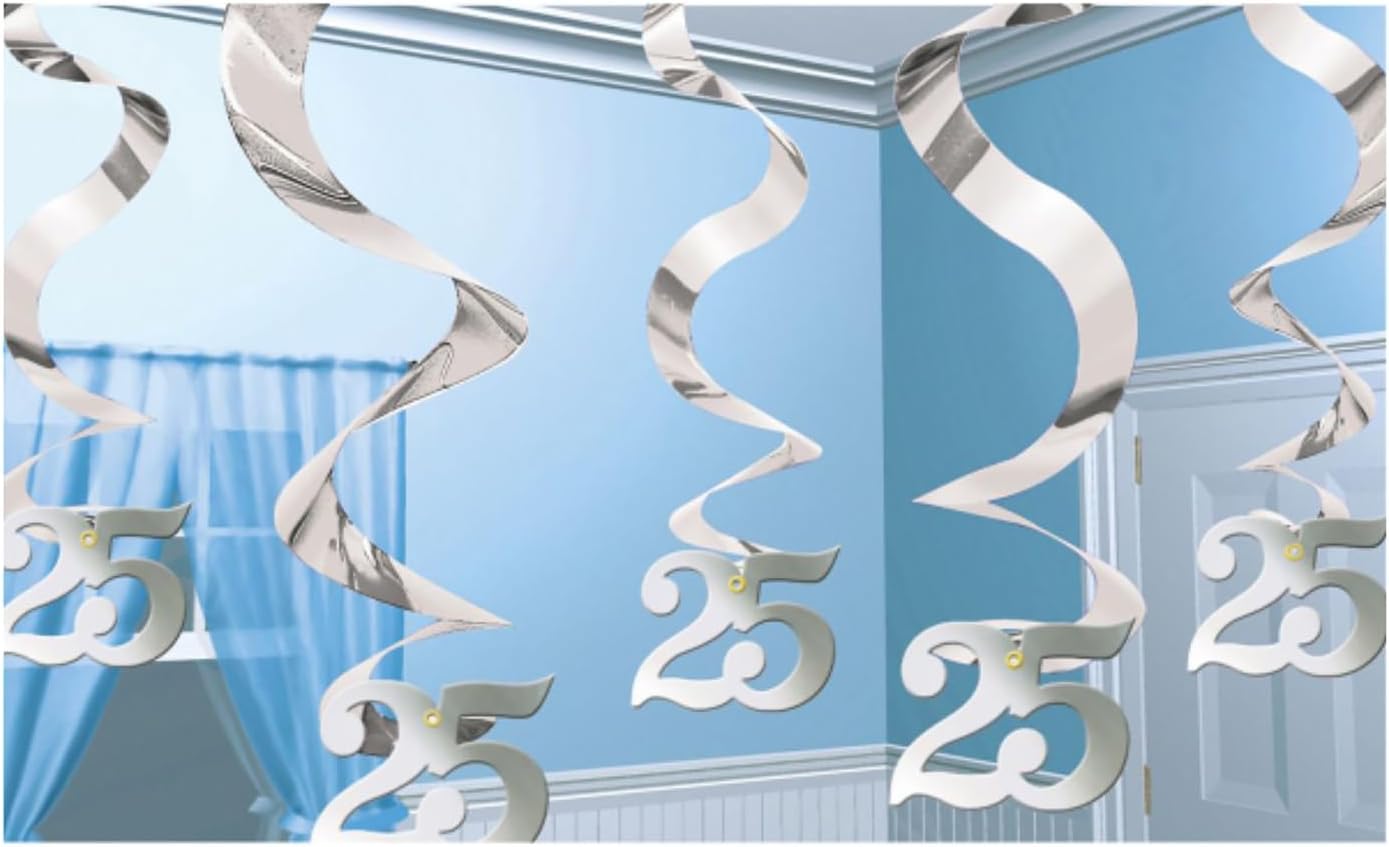 Amscan Silver Foil Swirls, 25th Anniversary, Birthday - 5 Pcs
