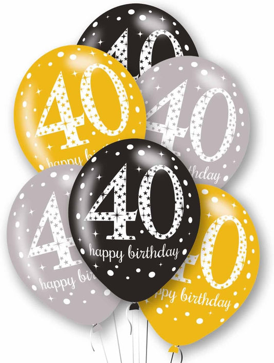 Age 40 Black, Silver & Gold Happy Birthday 11" Latex Balloons