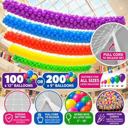 Balloon Drop Net – Pull Cord Release | Choice of 100, 200 or 1000 Balloon Capacity