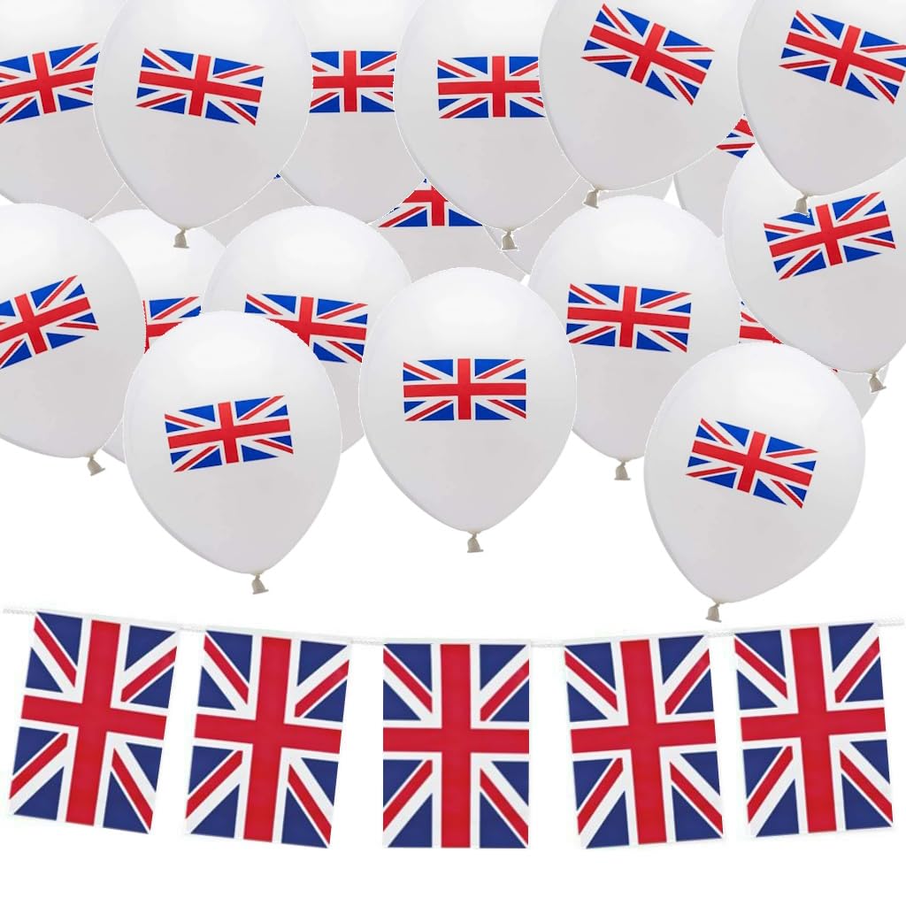 10M 20 Flag Bunting & 24pc x 12" Balloons (Union Jack)