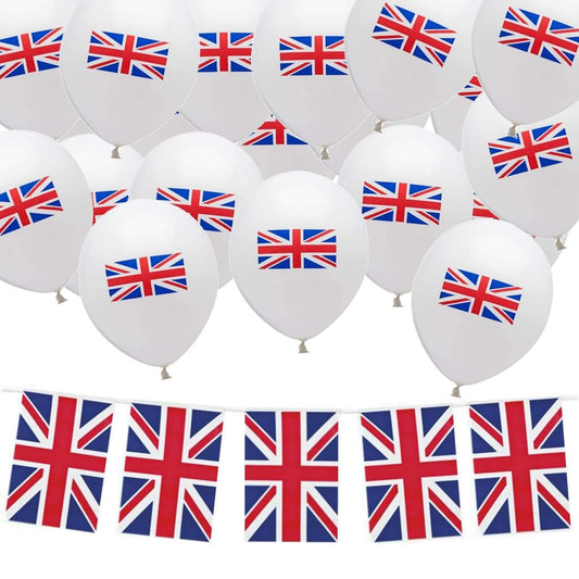10M 20 Flag Bunting & 24pc x 12" Balloons (Union Jack)